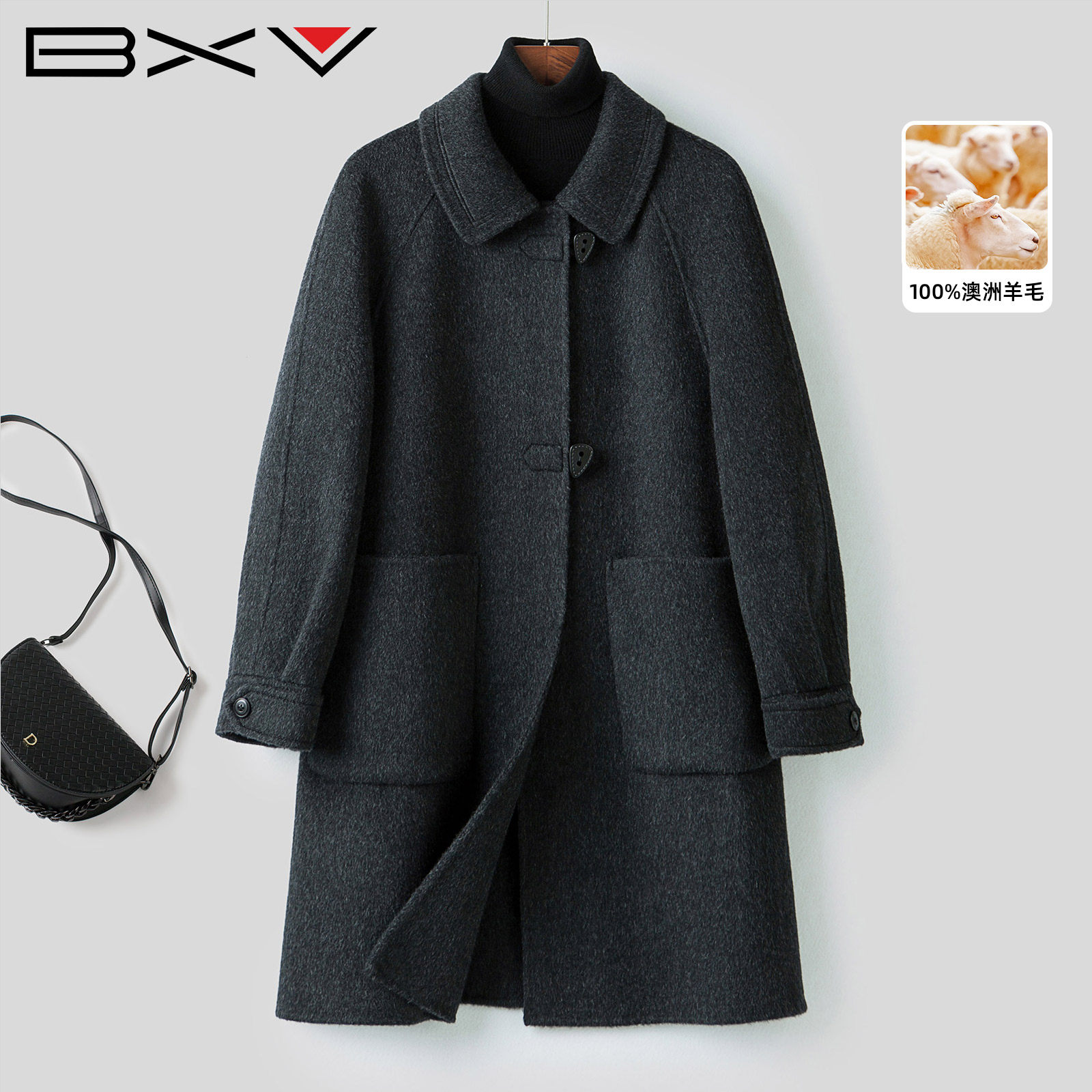 BXV中长款气质双面呢翻领大衣