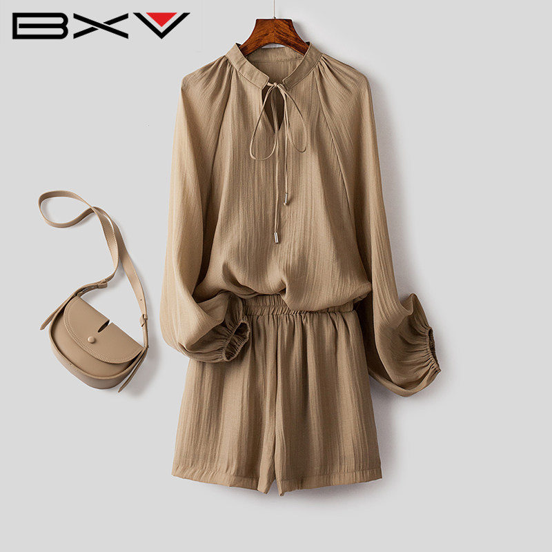 BXV系带灯笼袖天丝衬衫防晒衣女肌理感2023阔腿短裤时尚套装法式
