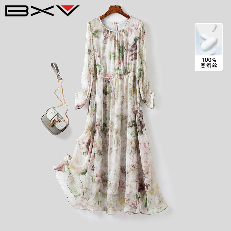 BXV休闲气质感收腰真丝连衣裙