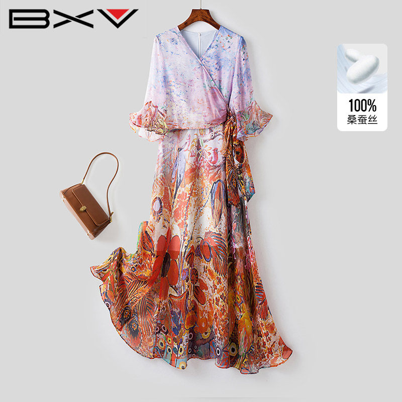 BXV度假风喇叭袖桑蚕丝连衣裙