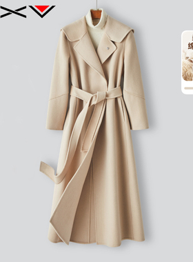 BXV系带双面羊绒大衣女中长款2025秋季新款长过膝双面呢外套品牌