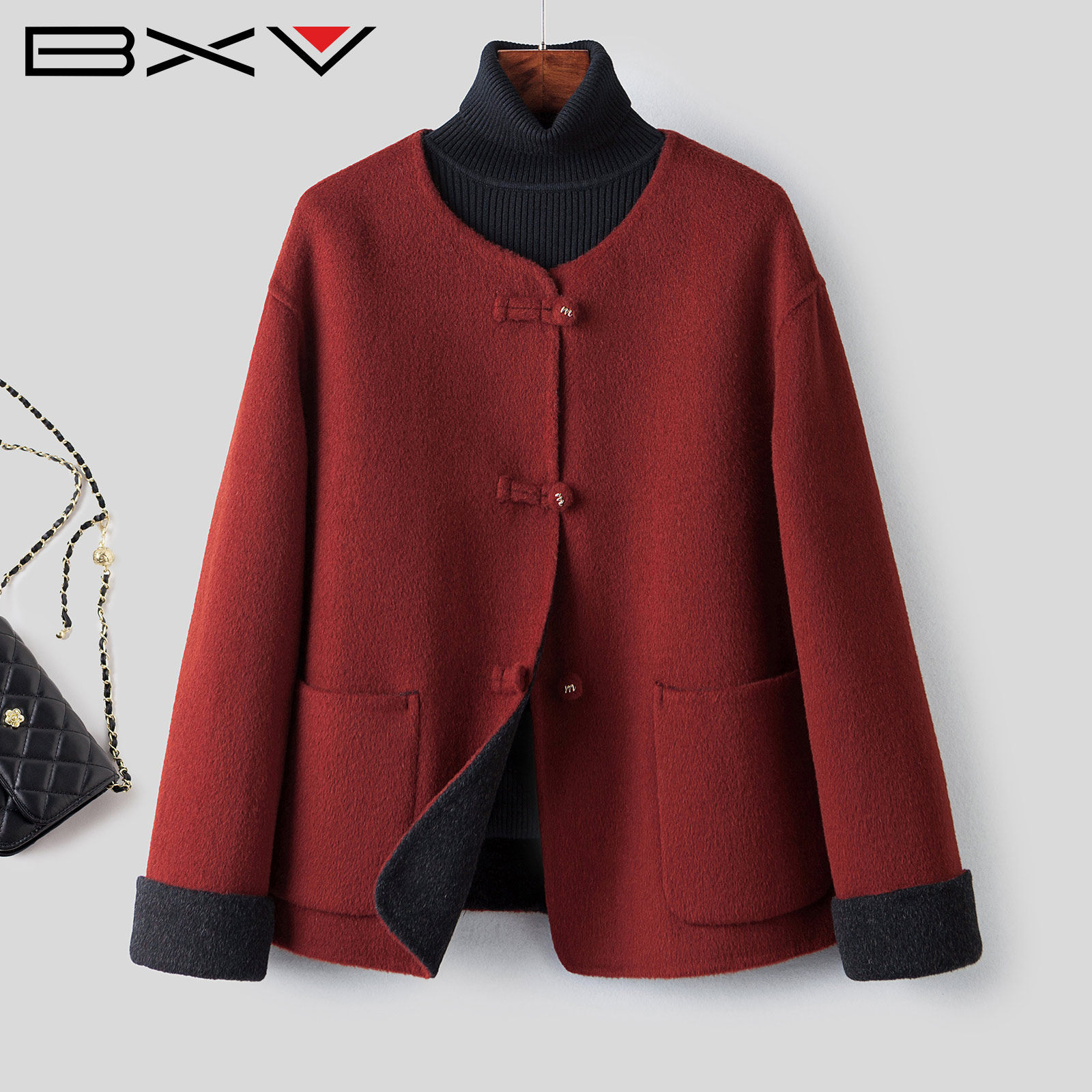 BXV复古盘扣双面羊绒大衣女短款2026春季新款小个子双面呢外套潮