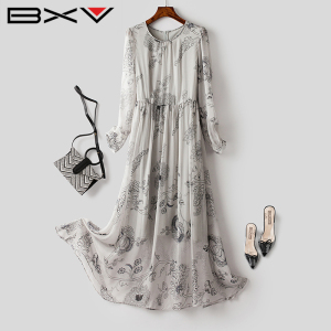 BXV印花真丝连衣裙女中长款2026新款春夏修身法式长袖桑蚕丝裙子