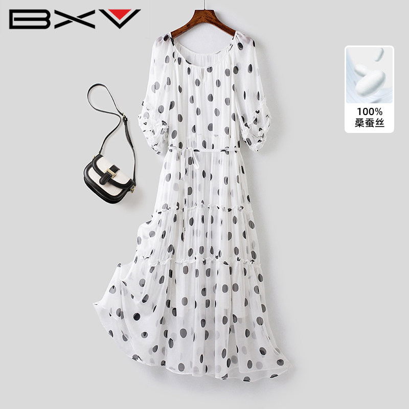 BXV气质A字系带收腰真丝连衣裙