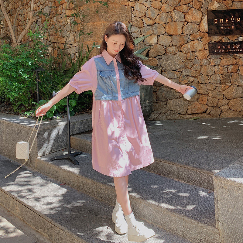 现货翻领牛仔拼接短袖遮肉连衣裙297-152-P115-K168,女装连衣裙,艾艾淮淮