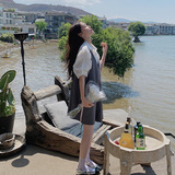 假两件衬衫拼接连衣裙女夏装2025新款小众设计感宽松灰色背带裙子，女装连衣裙，艾艾淮淮