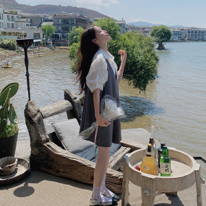假两件衬衫拼接连衣裙女夏装2025新款小众设计感宽松灰色背带裙子图片