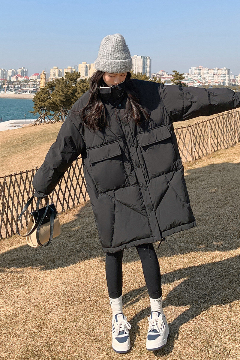 90绒现货拼接条纹针织宽松立领长款羽绒服297-8135-P315-K458,女装羽绒服,艾艾淮淮