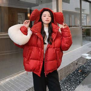 红色短款连帽熊耳羽绒服女冬季超火好看高级小众宽松保暖加厚外套图片