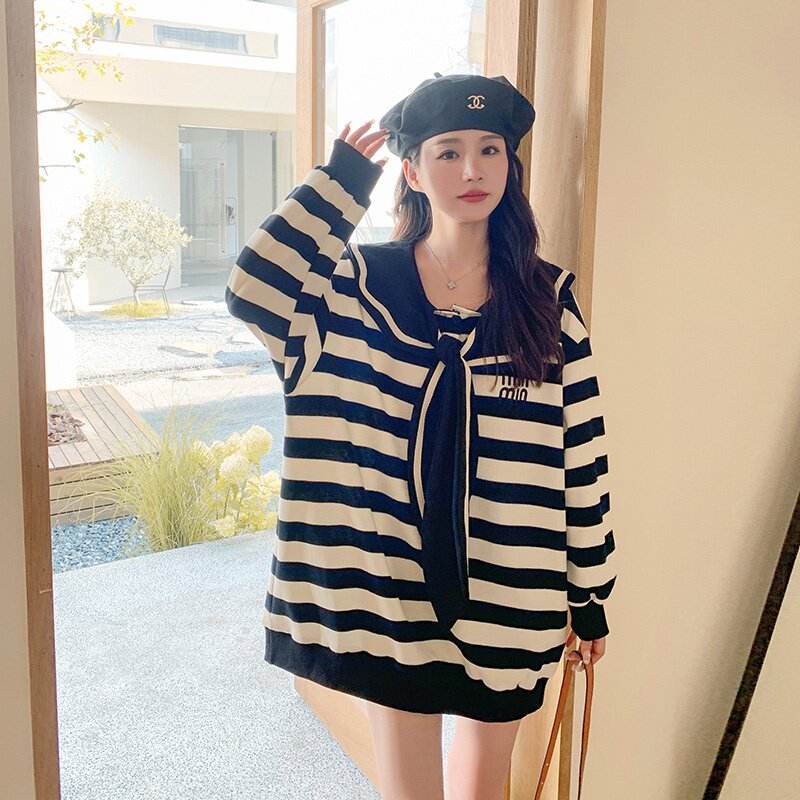 现货长袖条纹中长款小个子宽松减龄别致卫衣297-8037-P115-K168,女装卫衣/绒衫,艾艾淮淮