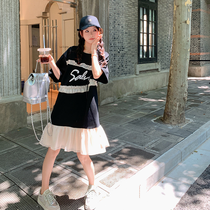 现货花边拼接荷叶边假两件连衣裙297-286-P105-K158，女装连衣裙，艾艾淮淮