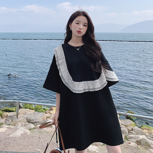 法式复古木耳边黑色连衣裙女夏季2024新款小个子遮肉显瘦卫衣裙图片