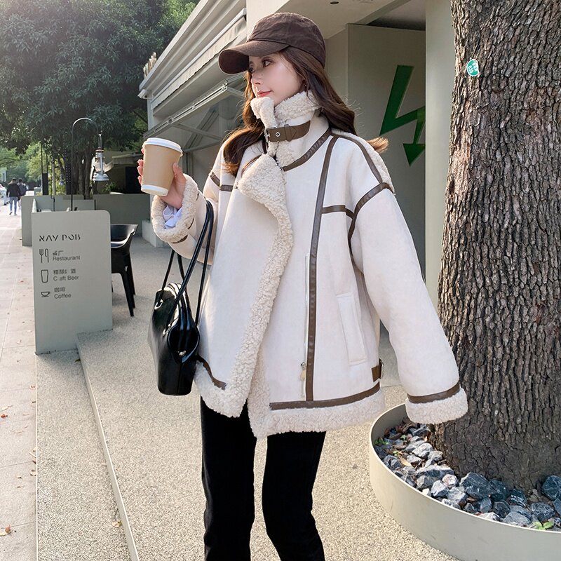 羊羔复古麂皮绒拼接女机车服小个子皮毛一体高级感棉衣保暖棉服,女装棉衣/棉服,艾艾淮淮