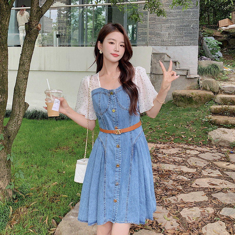 现货夏季泡泡袖单排扣甜美牛仔连衣裙297-181-P125-K178,女装连衣裙,艾艾淮淮