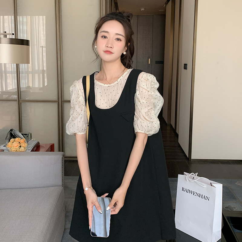 现货泡泡袖背带连衣裙真两件套装297-091-P115-K168,女装套装/套裙,艾艾淮淮