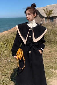 现货气质娃娃领黑色学院风外套宽松韩版呢大衣297-8093图片
