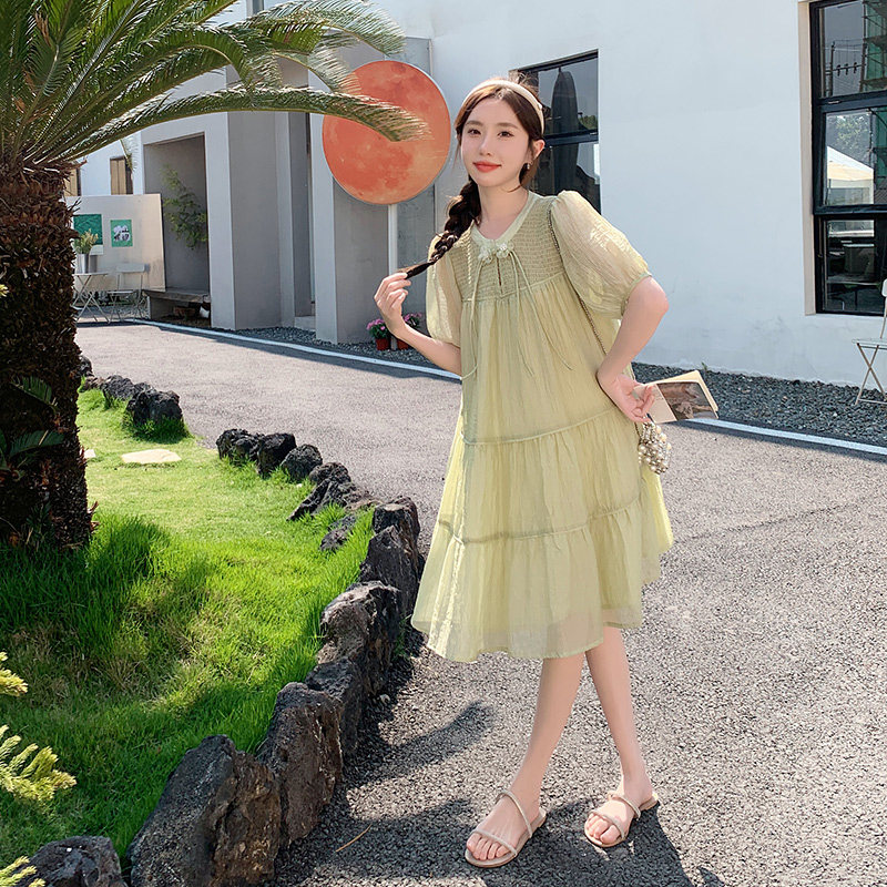浅绿色新中式盘扣连衣裙夏女2024新款小个子减龄超仙中长款娃娃裙,女装连衣裙,艾艾淮淮