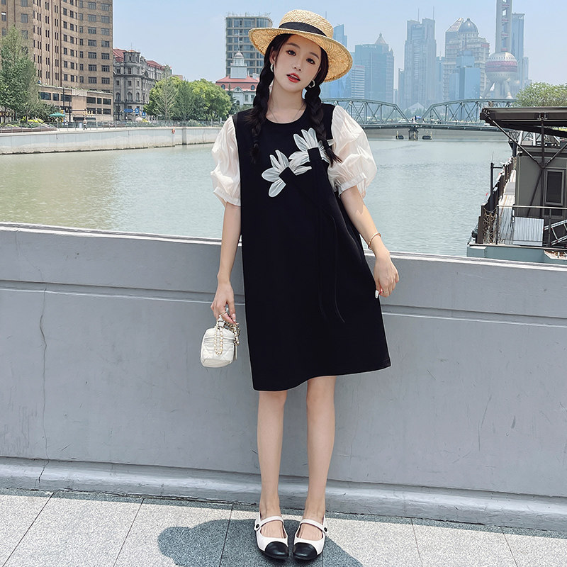 欧货泡泡袖拼色立体花朵连衣裙女2024夏时尚宽松休闲中长款T恤裙,女装连衣裙,艾艾淮淮