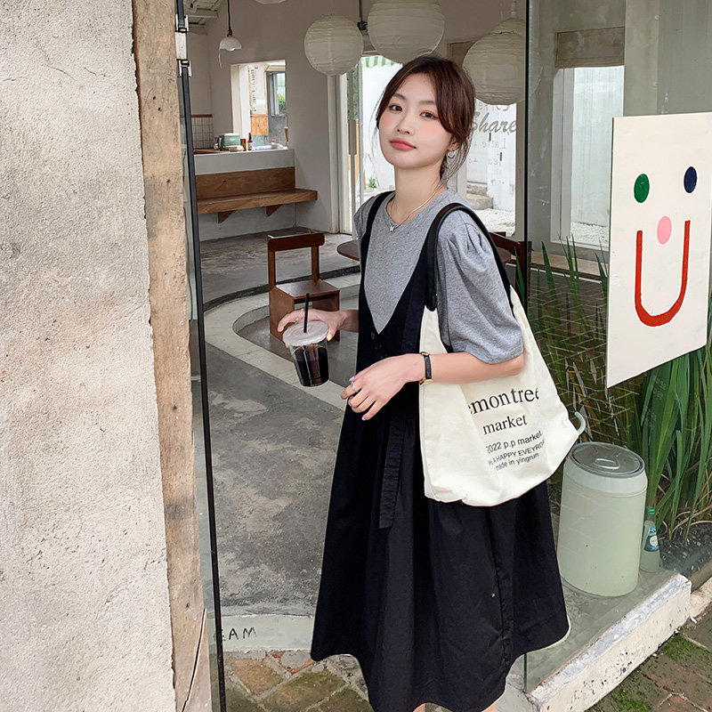 休闲宽松假两件拼接黑色连衣裙女夏2025新款背带裙设计感气质长裙,女装连衣裙,艾艾淮淮
