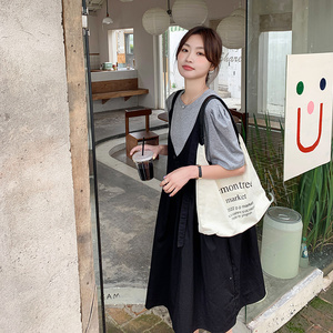 休闲宽松假两件拼接黑色连衣裙女夏2025新款背带裙设计感气质长裙图片