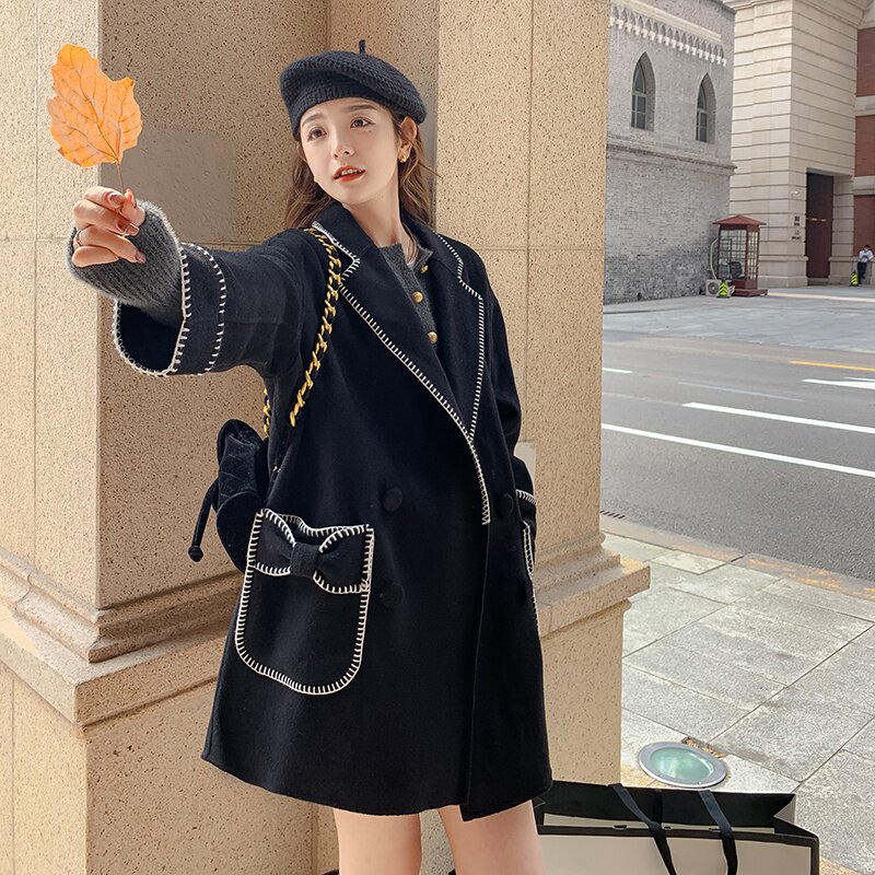 蝴蝶结现货大衣新款大口袋小个子俏皮毛呢外套297-8068-P175-K258,女装毛呢外套,艾艾淮淮