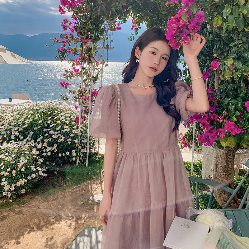 茶歇法式甜美粉色泡泡袖连衣裙女夏2025新款高级感气质网纱长裙仙,女装连衣裙,艾艾淮淮