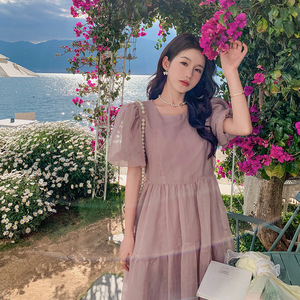 茶歇法式甜美粉色泡泡袖连衣裙女夏2025新款高级感气质网纱长裙仙