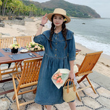 港味复古海军领牛仔连衣裙女夏季新款宽松休闲高腰显瘦chic中长裙，女装连衣裙，艾艾淮淮