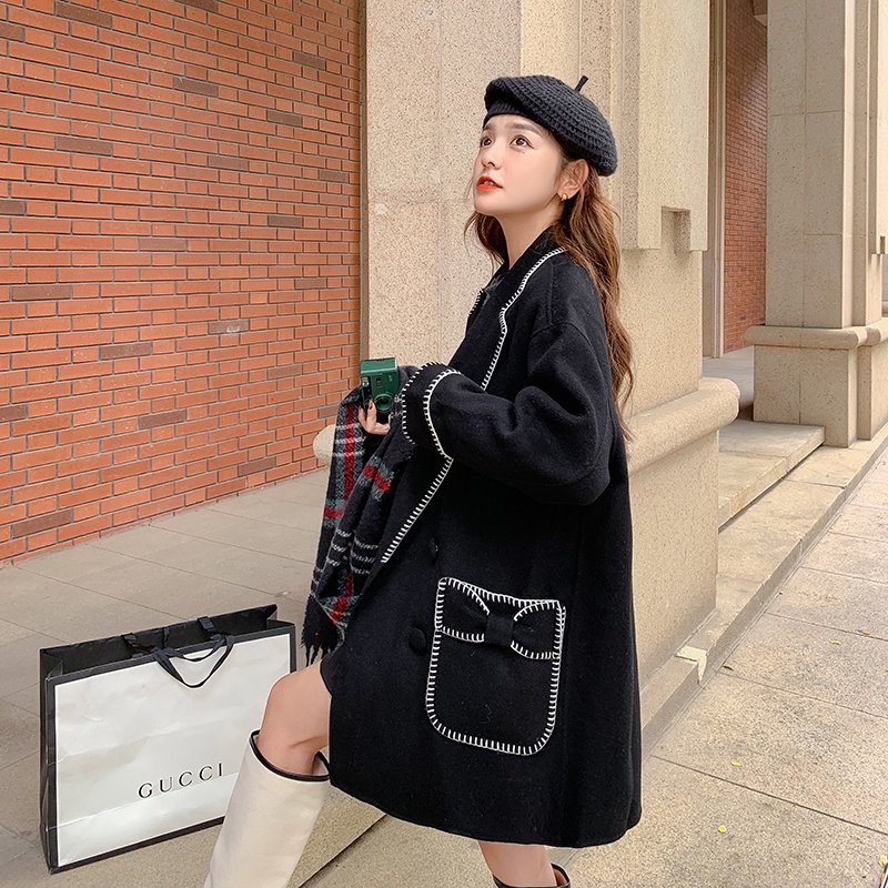 蝴蝶结现货大衣新款大口袋小个子俏皮毛呢外套297-8068-P175-K258，女装毛呢外套，艾艾淮淮