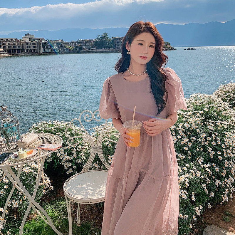 茶歇法式甜美粉色泡泡袖连衣裙女夏2025新款高级感气质网纱长裙仙，女装连衣裙，艾艾淮淮