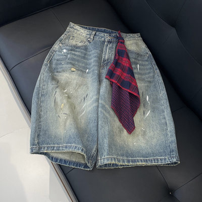 复古做旧泼墨过膝六分牛仔短裤潮