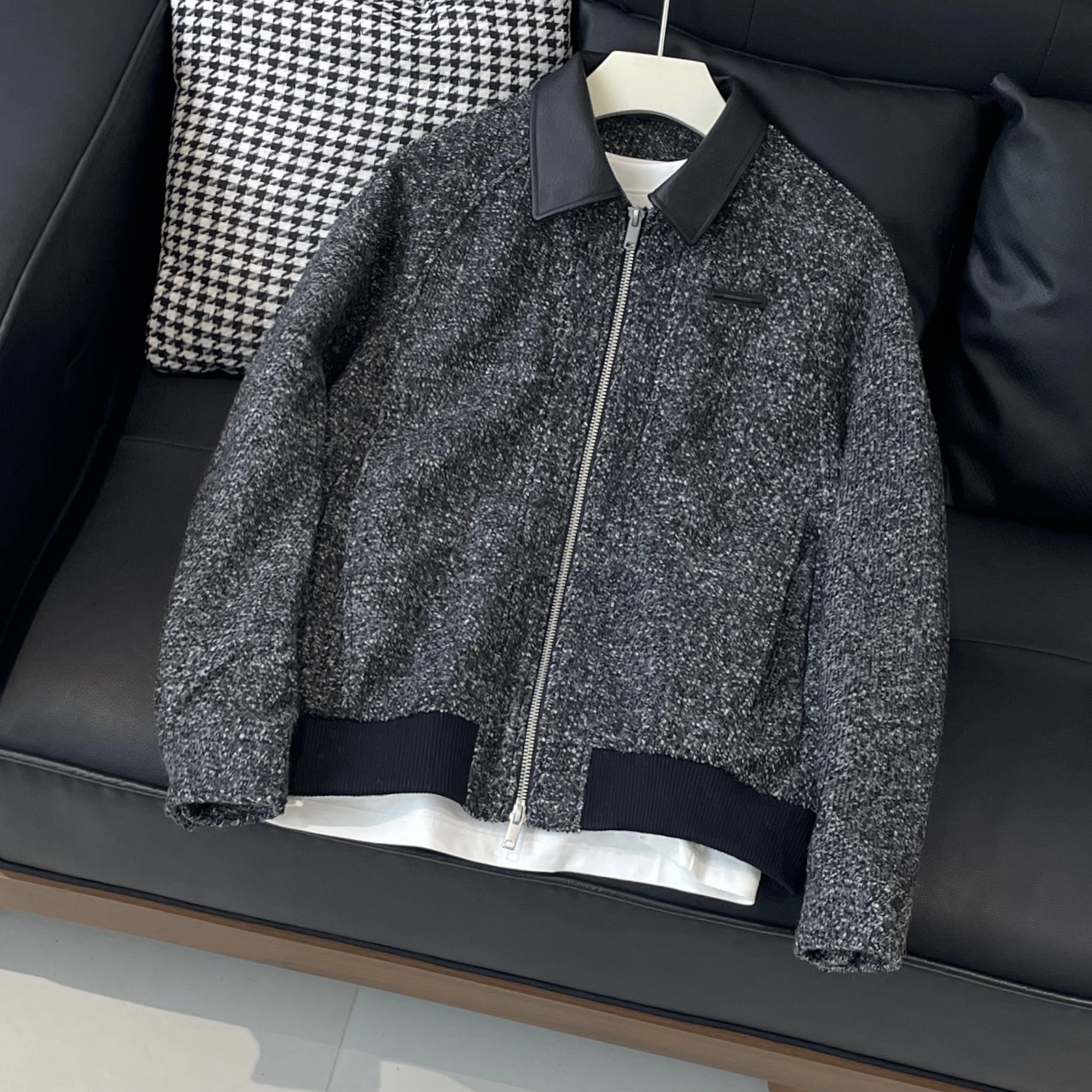 所象秋冬季韩系简约拼接pu皮翻领羽绒服男宽松羊毛混纺保暖外套潮