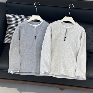 众库冬季韩系简约假两件亨利领半拉链加绒卫衣男宽松休闲打底衫潮
