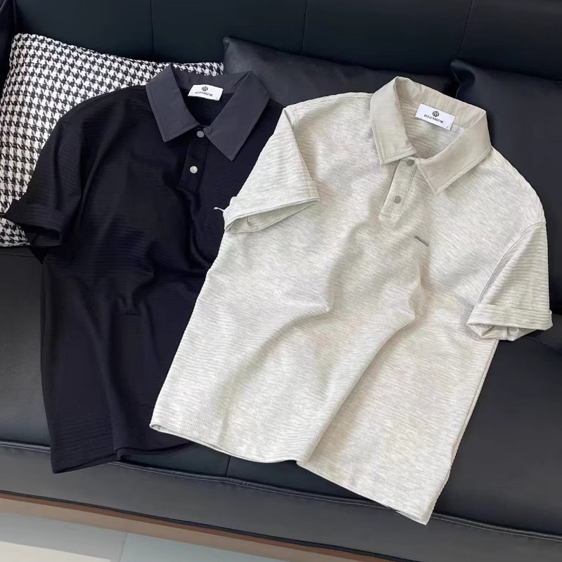 韩版轻奢肌理感拼接领短袖polo衫
