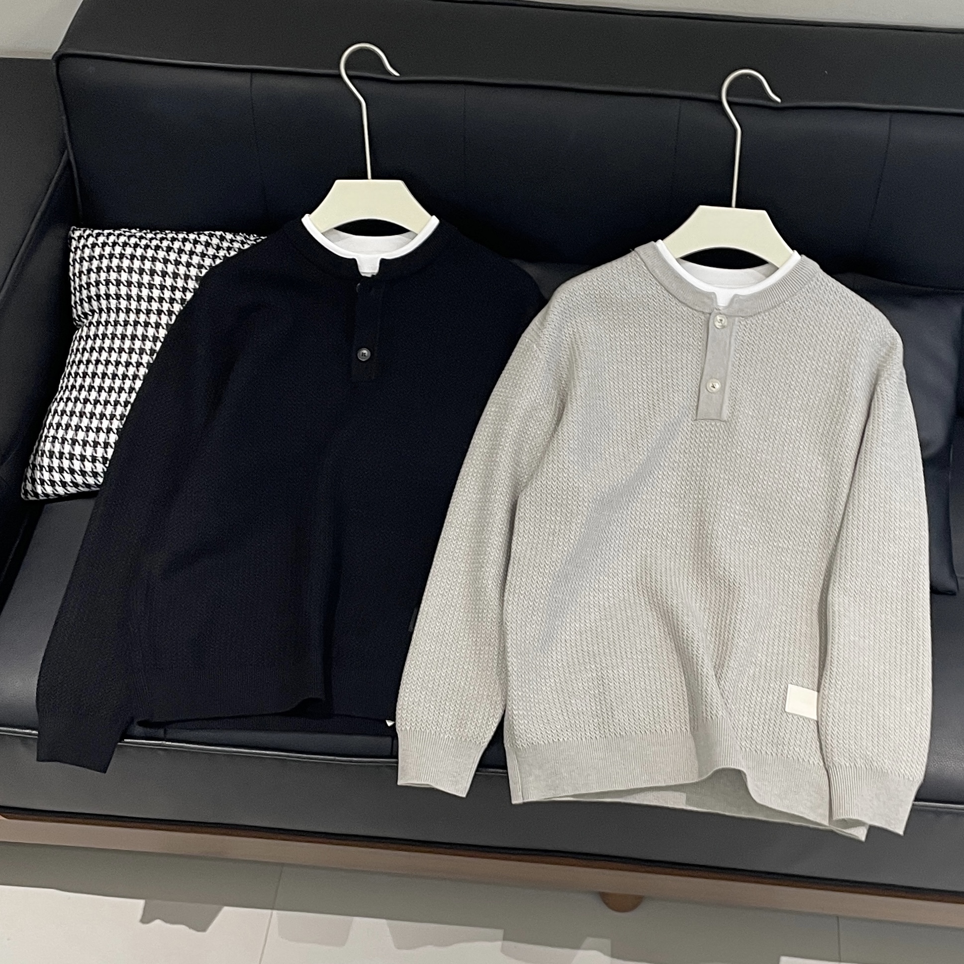 韩系休闲假两件亨利领针织毛衣男