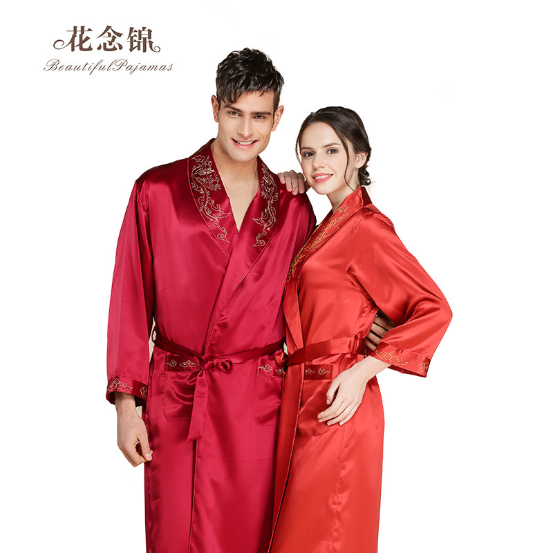 花念锦22姆米重磅真丝情侣长袖睡衣女桑蚕丝男睡袍结婚礼物浴袍