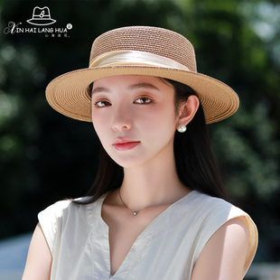 英伦复古优雅平顶礼帽女春夏季 气质 出游度假草帽遮阳防晒帽子时尚