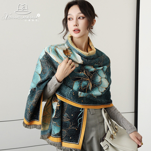 国风油画外搭披肩牡丹提花旗袍空调毛毯长巾秋冬天护颈围巾两用女