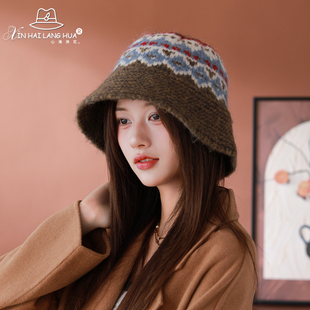 渔夫帽子女秋冬针织毛线帽保暖复古文艺民族风羊毛盆帽户外显脸小