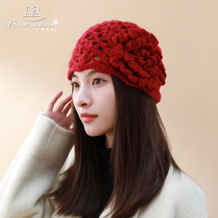 秋冬时尚百搭包头冷帽女立体花朵镂空针织毛线套头帽文艺贝雷帽子