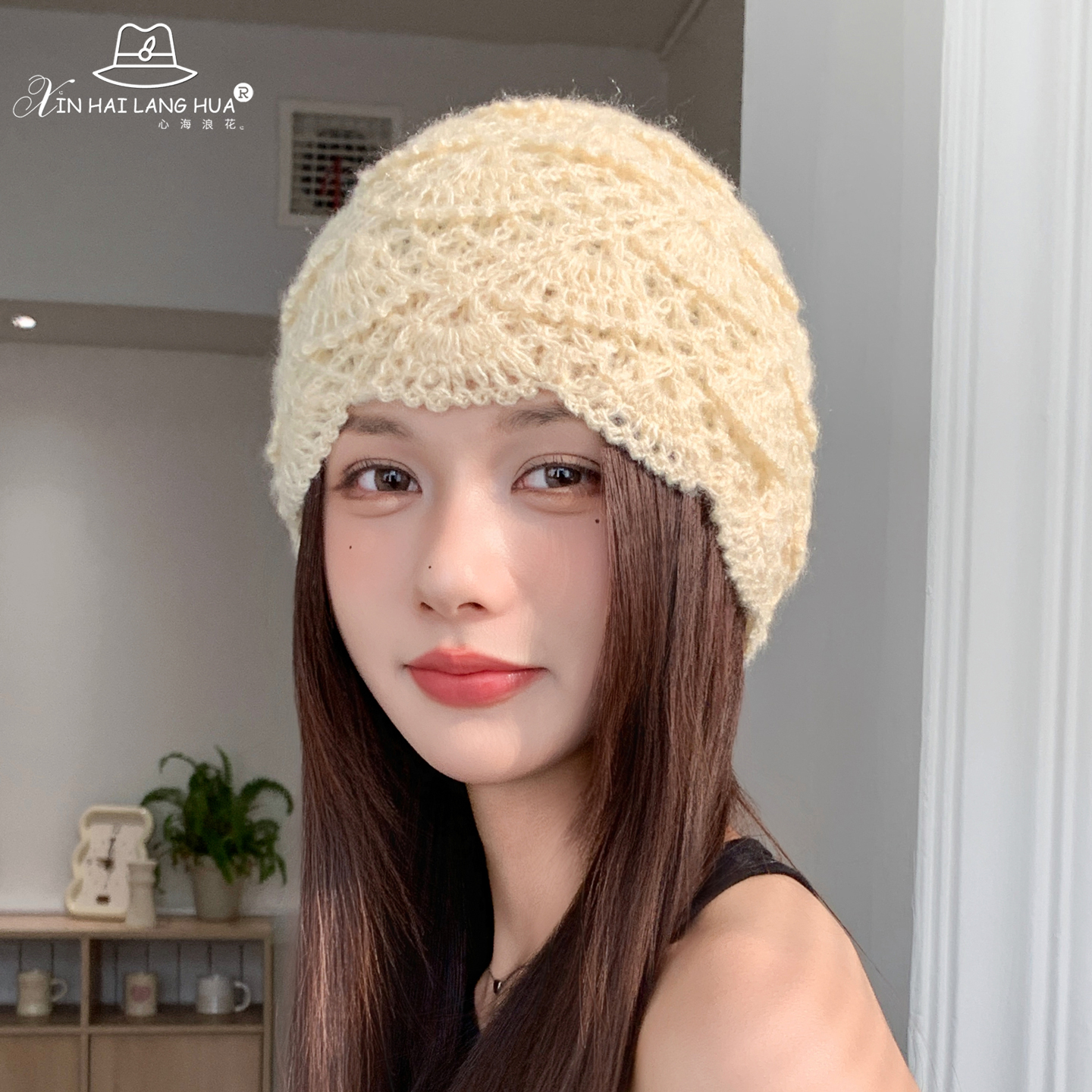 手工勾花包头帽子女秋冬季洋气百搭针织毛线保暖帽时尚气质冷帽潮