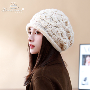 手工勾花包头帽子女秋冬季优雅时尚针织毛线保暖帽卷边百搭堆堆帽