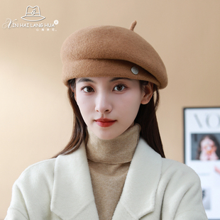 网红羊毛呢贝雷帽子女秋冬季 保暖显脸小适合圆脸画家帽南瓜帽有形