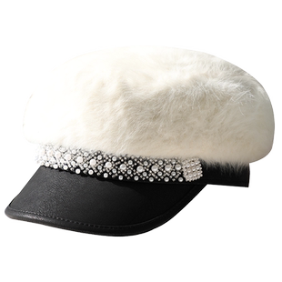 保暖秋冬季兔毛帽针织毛线帽子女冬天韩版时尚百搭鸭舌八角贝雷帽