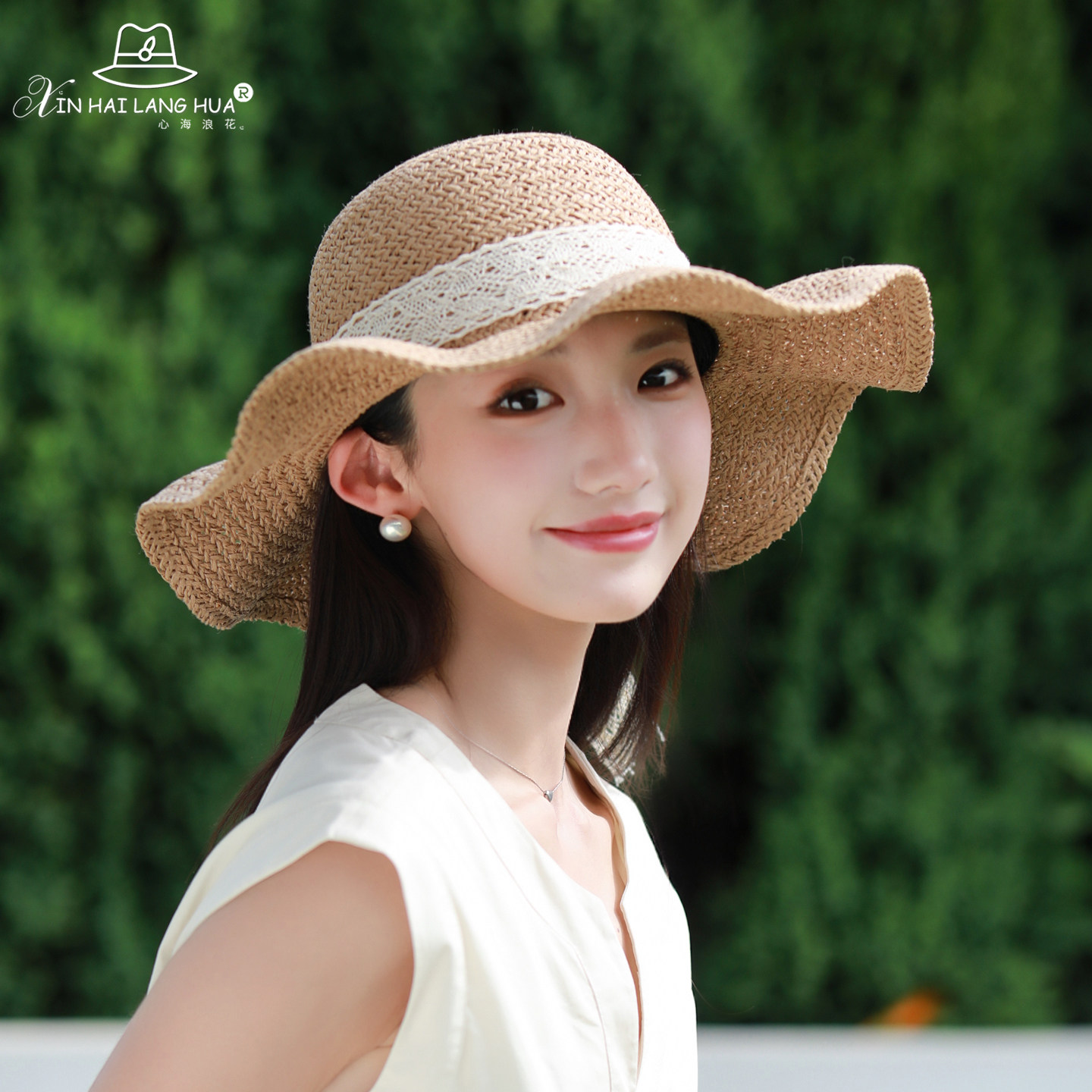 蕾丝蝴蝶结波浪边草帽女夏季出游海边度假遮阳渔夫帽子防晒太阳帽