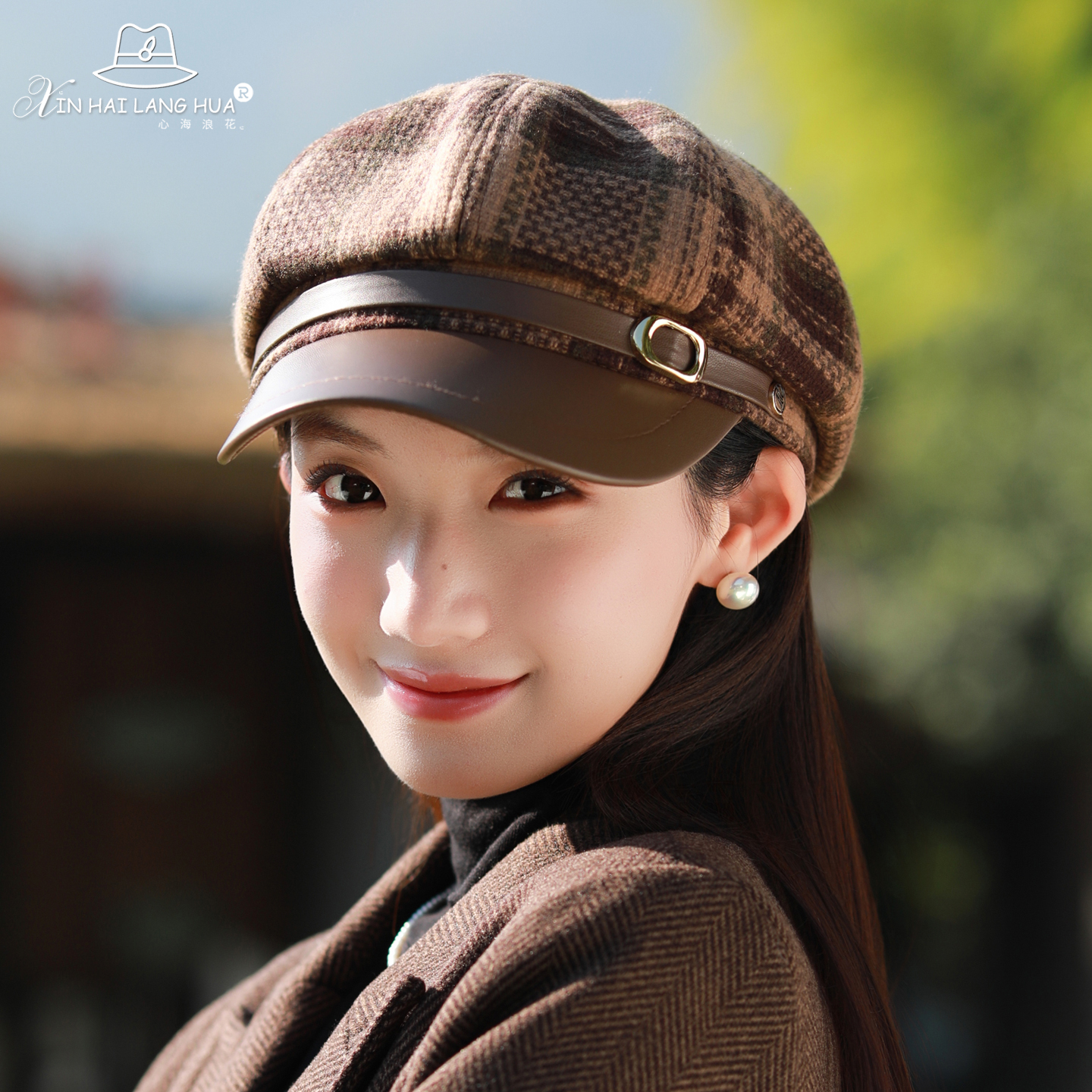 PU皮质八角帽女秋冬季英伦复古