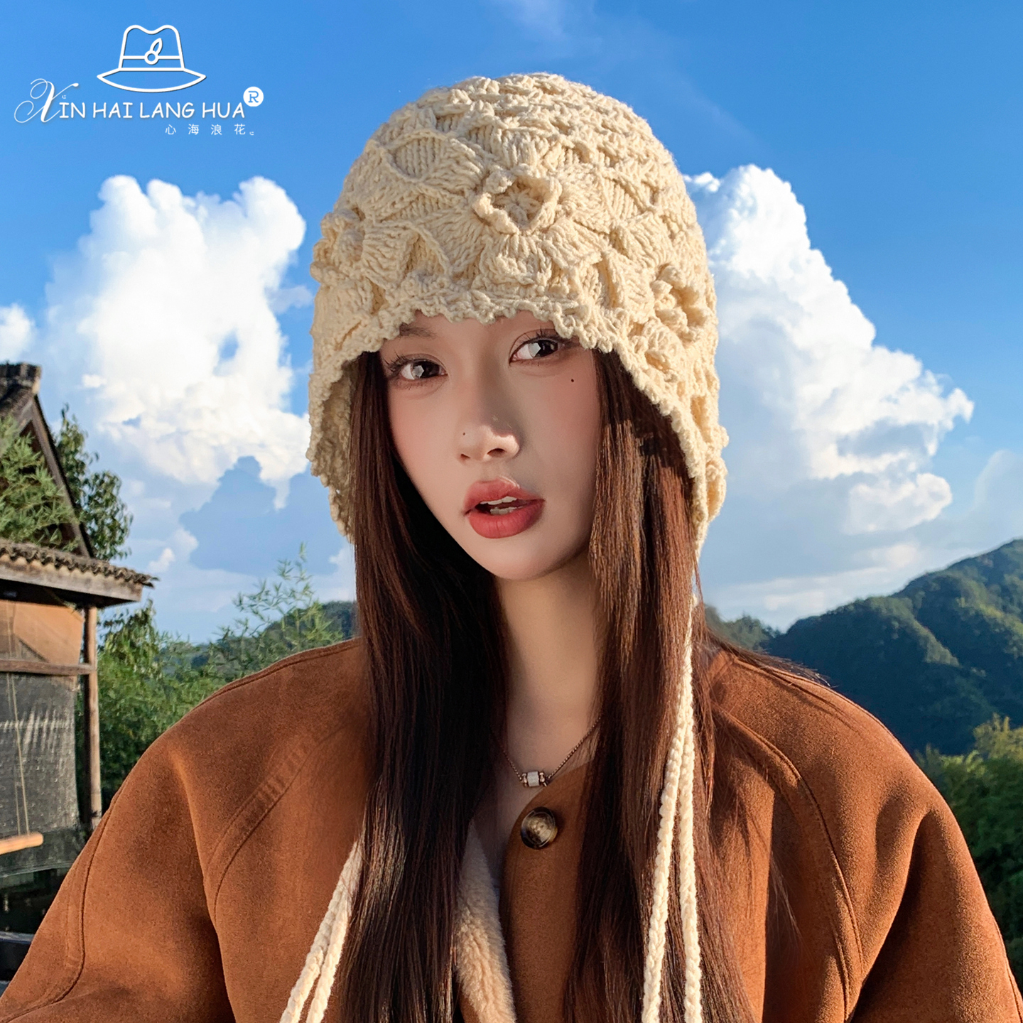 手工钩花针织毛线帽子女秋冬保暖毛线帽护耳流苏花朵包头帽显脸小