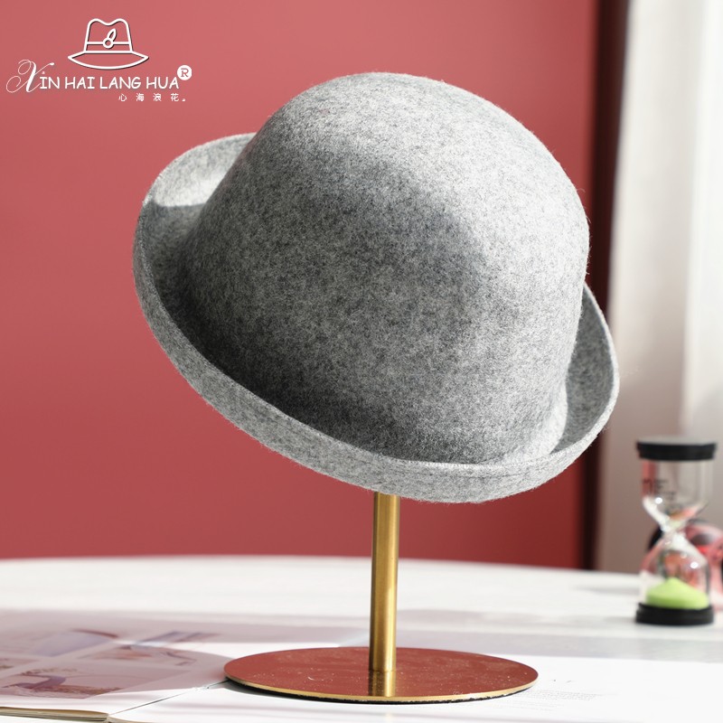 渔夫帽子女款英伦圆顶羊毛呢盆帽韩版优雅气质卷边时尚百搭礼帽子