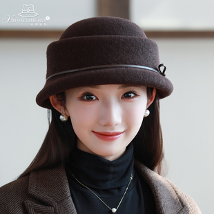 英伦蝴蝶结礼帽女秋冬季羊毛呢保暖盆帽时尚百搭优雅气质渔夫帽子