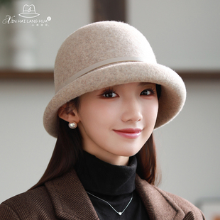 羊毛呢渔夫帽子女秋冬季优雅百搭保暖盆帽高级感时尚洋气卷边礼帽